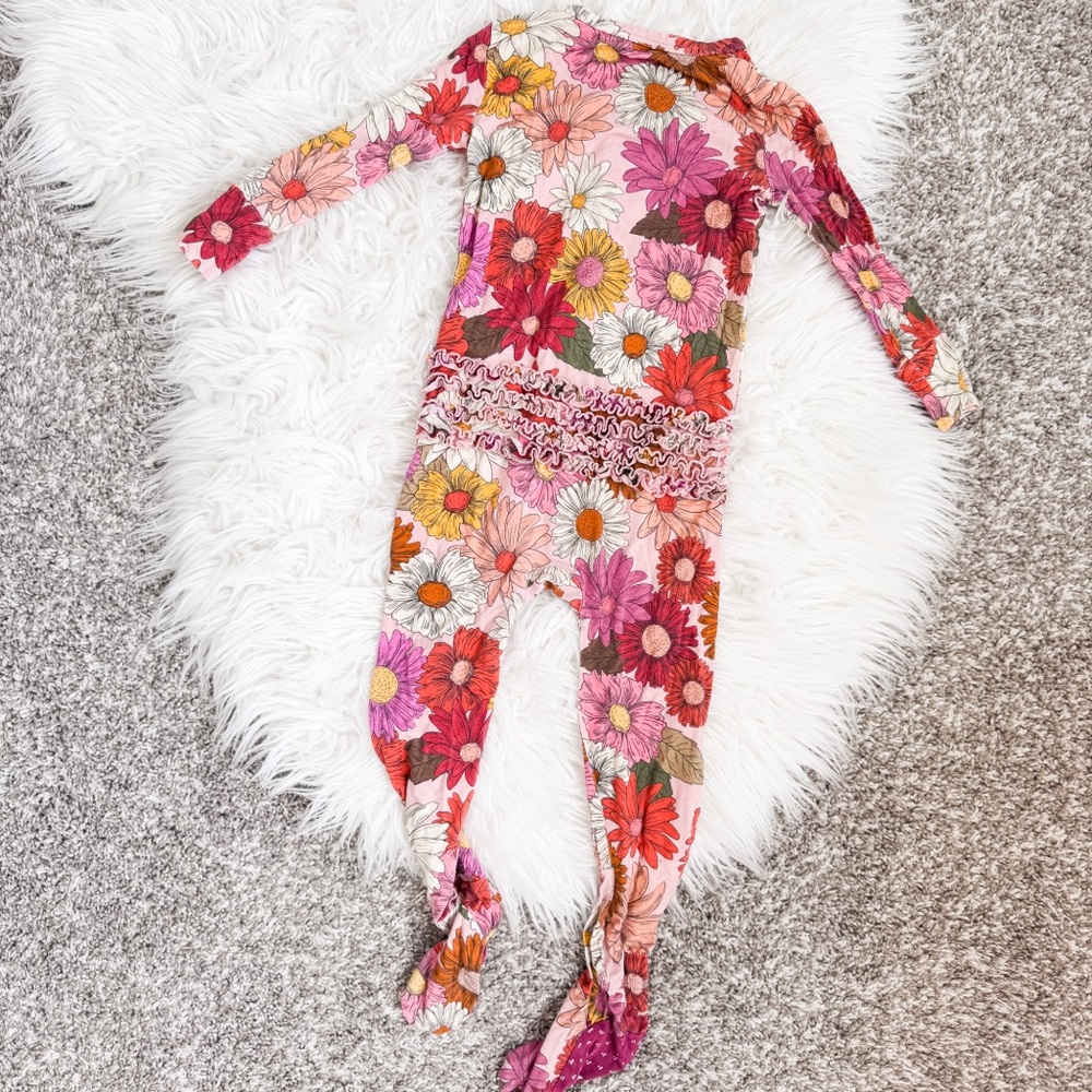 Posh Peanut | “Della” Floral Print Footie Ruffled Zippered One Piece - Picture 2 of 8